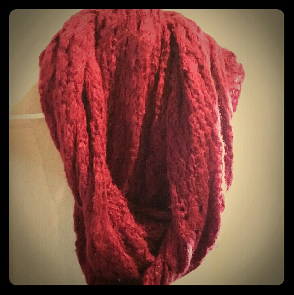 Deep red infinity scarf.